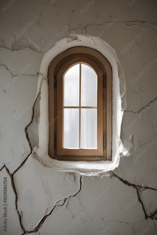 Fototapeta premium Rustic Stone Wall with Arched Wooden Window in Sunlight