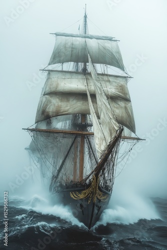 Sailing ship navigates through thick fog on turbulent waters at dawn creating a mysterious maritime atmosphere