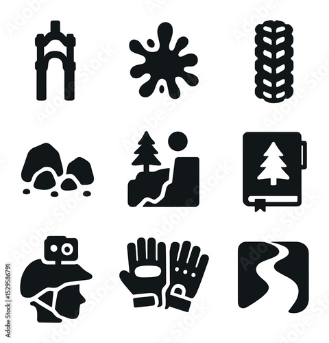 Off-Road Icons Set. Solid, filled icons set of off-road biking: suspension fork, mud splash, gravel tire,