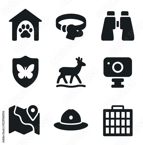 Wildlife Conservation Icons. Solid, filled icons set of wildlife conservation: animal shelter, tracking collar