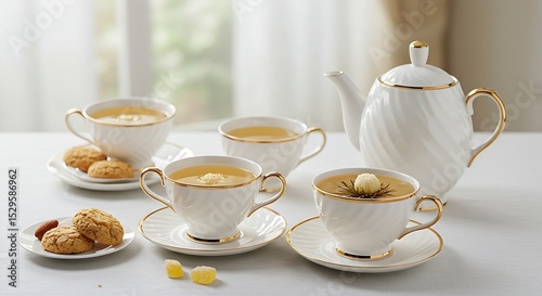 A translucent bone china tea set in pure white with delicate gold accents, and a subtly rippled surface. The teacups hold light, ethereal white tea, with a visible flowering tea bloom slowly unfurling