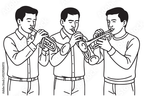 Vector drawing in black and white of three trumpet players, featuring strong black outlines, simplified forms, and expressive postures in a minimal style.
