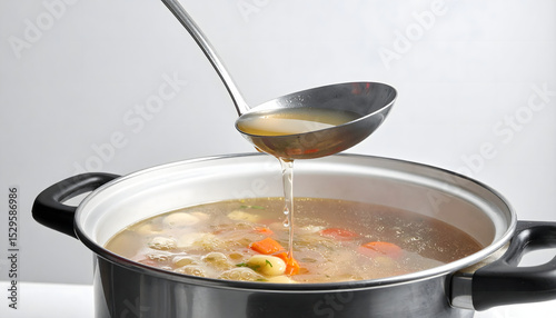 Traditional cuisine national food history shown in pot of soup with vegetables and ladle serving broth