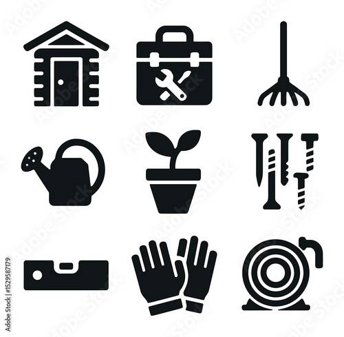 Garden Shed Essentials. Solid, filled icons set of building a garden shed for tools and plant care: wooden