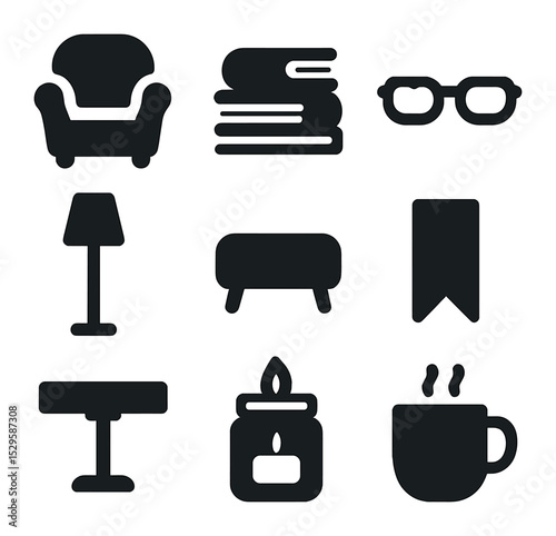 Cozy Reading Icons. Solid, filled icons set of cozy reading nooks at home: armchair, book pile, reading