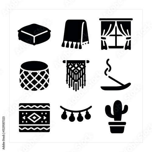 Bohemian Interior Icons. Solid, filled icons set of bohemian cozy interior accents: floor cushion, tassel