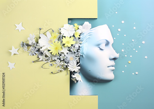 A serene white face emerges from a blue background, with white and yellow flowers and stars flowing out into a yellow space, symbolizing creativity and calm.