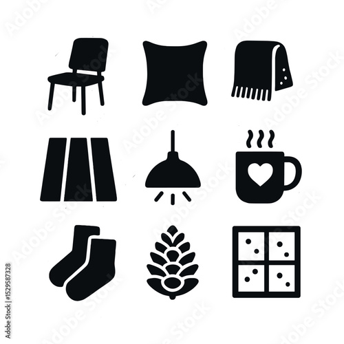 Scandinavian Home Icons. Solid, filled icons set of Scandinavian-inspired home corners: minimalist chair,