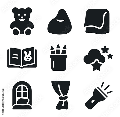 Children's Cozy Icons. Solid, filled icons set of children's cozy play windows: soft toy, bean bag, fleece