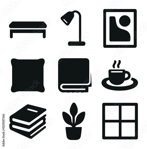 Modern Reading Essentials. Solid, filled icons set of modern reading corner essentials: sleek bench, LED lamp,