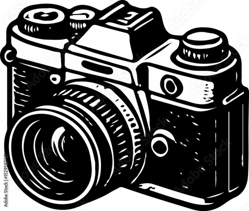 Sturdy SLR with large lens and vintage profile in bold black lines—evokes timeless analog craftsmanship