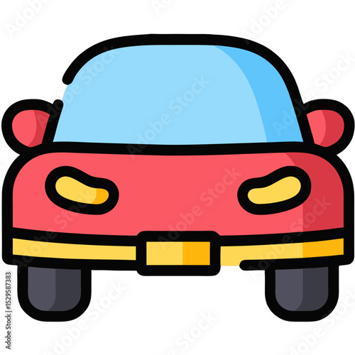 Front View of a Red Cartoon Car with Blue Windshield and Yellow Headlights