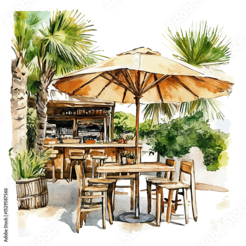 Beachside Cafe Summer Vibes, watercolor painting vector, high quality, isolated on a white background.