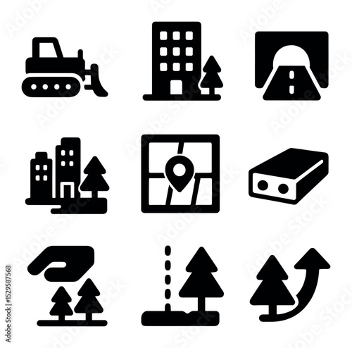 Urbanization Icons Grid. Solid, filled icons set of urbanization pressure on forest land: bulldozer, apartment