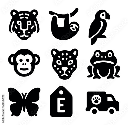 Wildlife Conservation Icons. Solid, filled icons set of wildlife at risk from deforestation: tiger, sloth,