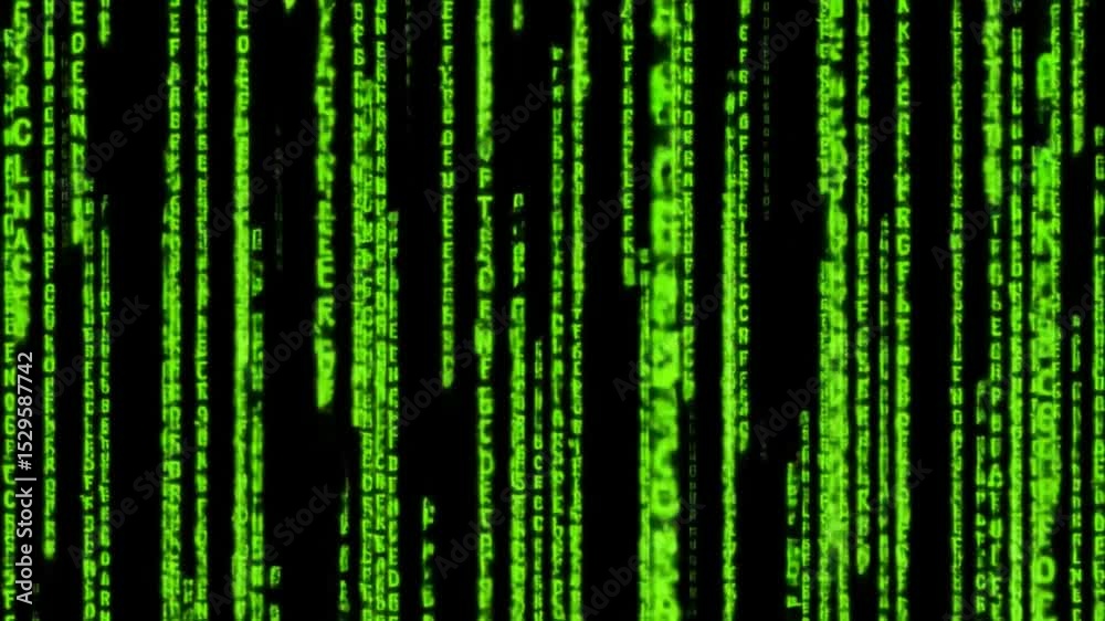 Cascading streams of vibrant green digital code on a black background