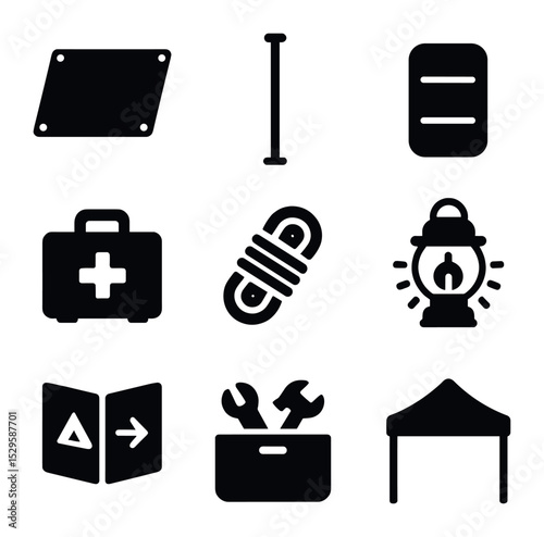Emergency Shelter Icons. Solid, filled icons set of emergency shelter systems: tarpaulin, tent pole, ground