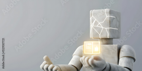 A stone-textured humanoid robot with a cracked cube head holds a glowing, transparent digital interface in its hand on a plain gray background.