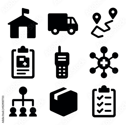 Refugee Camp Logistics Icons. Solid, filled icons set of refugee camp logistics and coordination: field office