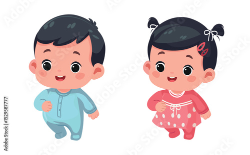 Happy Chubby Baby Girl and Boy Standing – Cartoon Vector Illustration