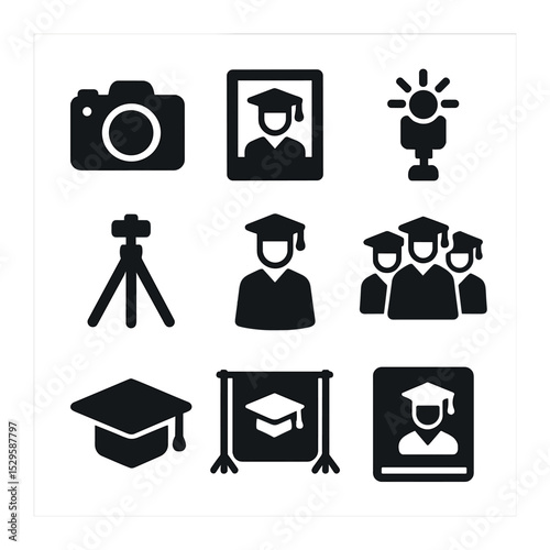 Graduation Photography Icons. Solid, filled icons set of graduation photography: DSLR camera, photo frame,