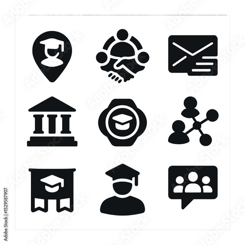 Alumni Connection Icons. Solid, filled icons set of alumni community and connections: alumni pin, handshake