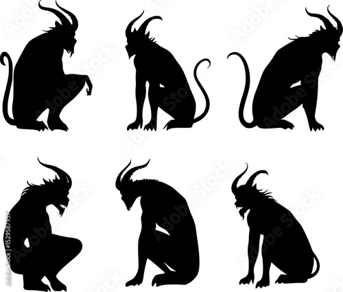 Six different black silhouettes of horned, demonic, crouching figures, perfect for halloween projects