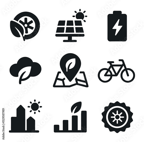 Eco Transport Icons. Solid, filled icons set of eco-friendly transport: leaf wheel, solar panel, electric