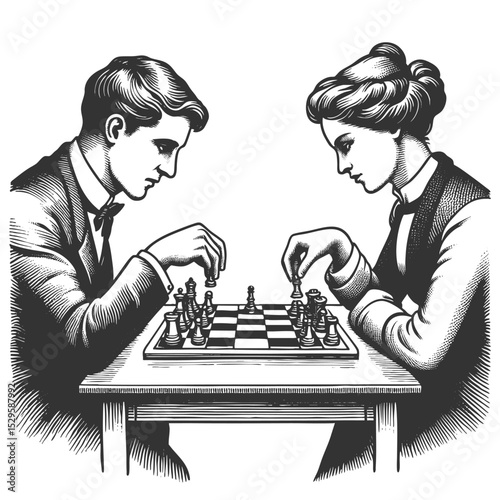 focused man and woman seated at a table, thoughtfully playing a game of chess in classic attire sketch engraving generative ai vector illustration. Scratch board imitation. Black and white image.