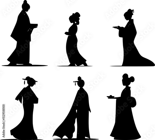 Six black silhouettes of geishas wearing traditional japanese kimonos, performing various actions, isolated on a white background