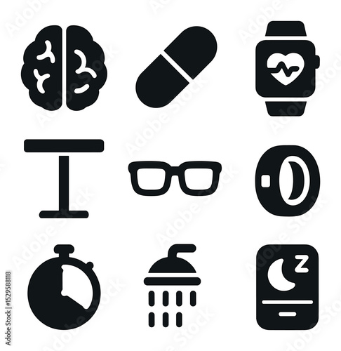 Biohacking Essentials Icons. Solid, filled icons set of biohacking productivity: brain icon, nootropic capsule