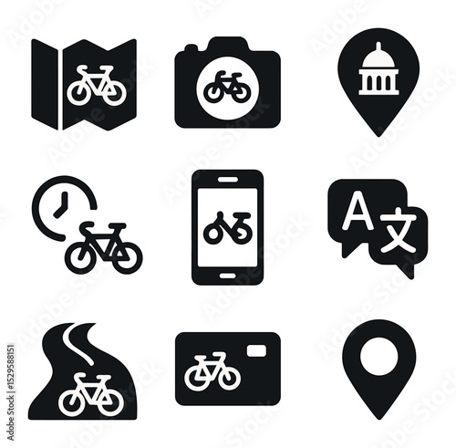 Tourism Icon Collection. Solid, filled icons set of tourism bike rentals: sightseeing map, photo stop,