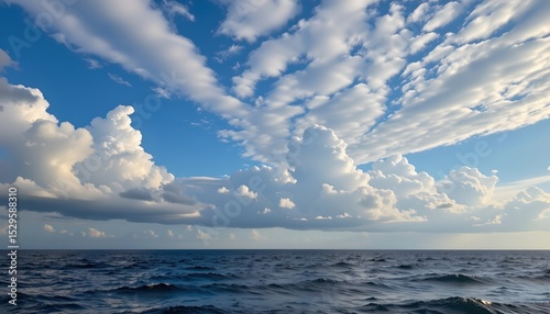 Fototapeta Naklejka Na Ścianę i Meble -  a large body of water stretches out towards the horizon, with fluffy white clouds scattered across the sky above