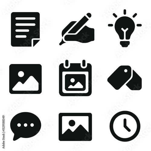 Blog Icon Set. Solid, filled icons set of blog content creation: blog post icon, writing hand, idea bulb,