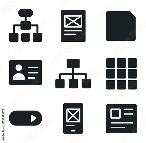 UX Design Icons. Solid, filled icons set of UX content planning: user flow, wireframe, sticky note, persona