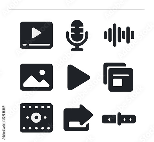 Multimedia Icons Set. Solid, filled icons set of multimedia content production: video player, microphone,