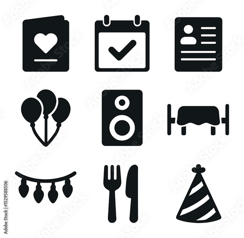 Outdoor Party Planning Icons. Solid, filled icons set of outdoor party planning: invitation card, event