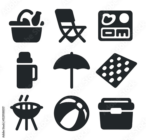 Picnic Essentials Icons. Solid, filled icons set of arranging a potluck picnic at the beach or park: picnic