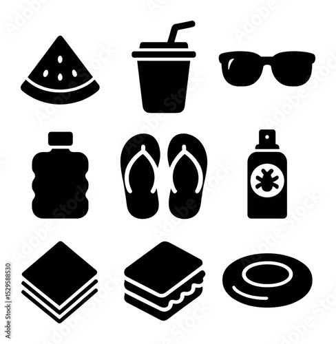Summer Picnic Icons. Solid, filled icons set of summer picnic essentials: watermelon slice, juice cup,