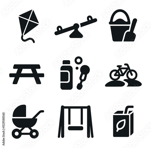 Family Park Icons. Solid, filled icons set of family-friendly park activities: kite icon, seesaw, sandbox toy,