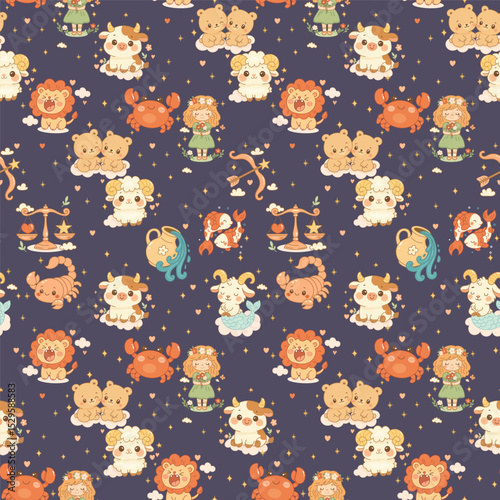 Seamless pattern of twelve zodiac signs for kids