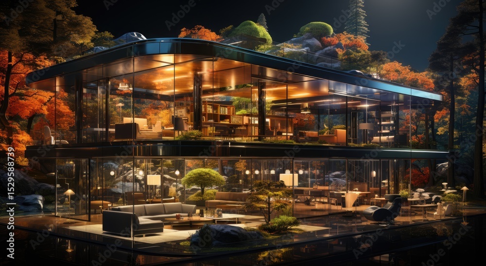 A stunning modern glass house is illuminated within a picturesque autumn setting, merging sophisticated architecture with the natural beauty of colorful fall foliage. A stunning modern glass house is illuminated within a picturesque autumn setting, merging sophisticated architecture with the natural beauty of colorful fall foliage.