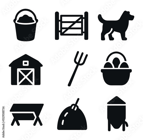 Farmstead Icon Set. Solid, filled icons set of farmstead essentials: feed bucket, livestock gate, ranch dog,