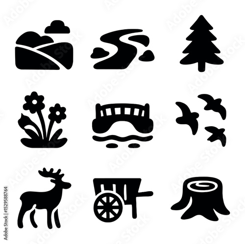 Rustic Nature Icons. Solid, filled icons set of rustic nature views: rolling hills, stream, pine tree,