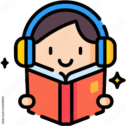 Joyful Child with Headphones Reading a Book