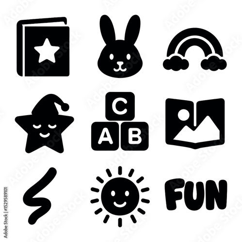 Children's Book Icons. Solid, filled icons set of children’s books: storybook, cartoon bunny, rainbow, bedtime
