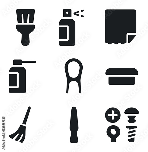 Laptop Maintenance Tools. Solid, filled icons set of laptop maintenance tools: cleaning brush, screen spray,