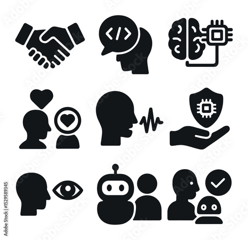 AI-Human Interaction Icons. Solid, filled icons set of AI-human interaction: handshake with robot,