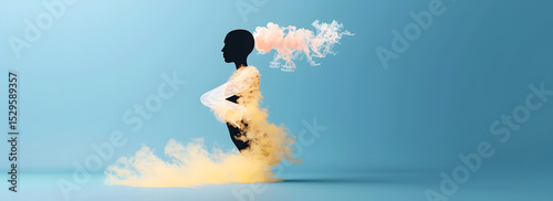 Silhouette of a woman blending with swirling pastel clouds, symbolizing creativity and imagination against a soft blue background.