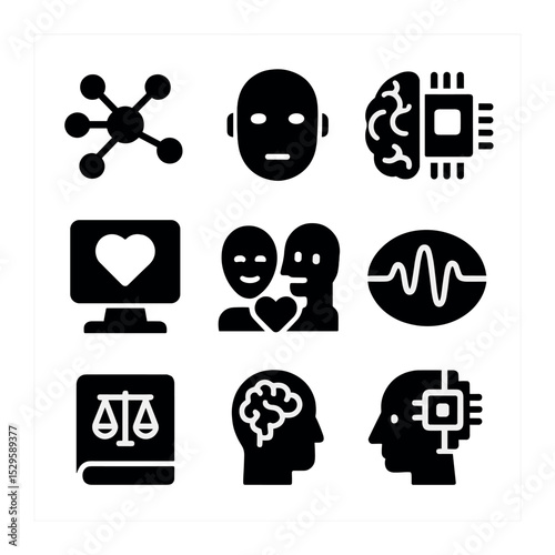 Synthetic Consciousness Icons. Solid, filled icons set of synthetic consciousness and humanity: neural network